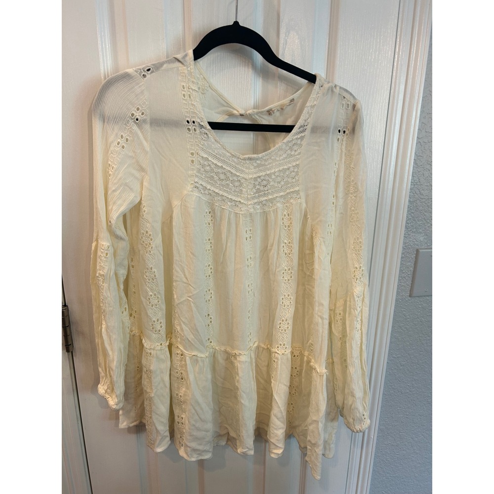 Altar'd State Tunic Top Ivory Lace Eyelet Boho Babydoll Long Sleeve Blouse